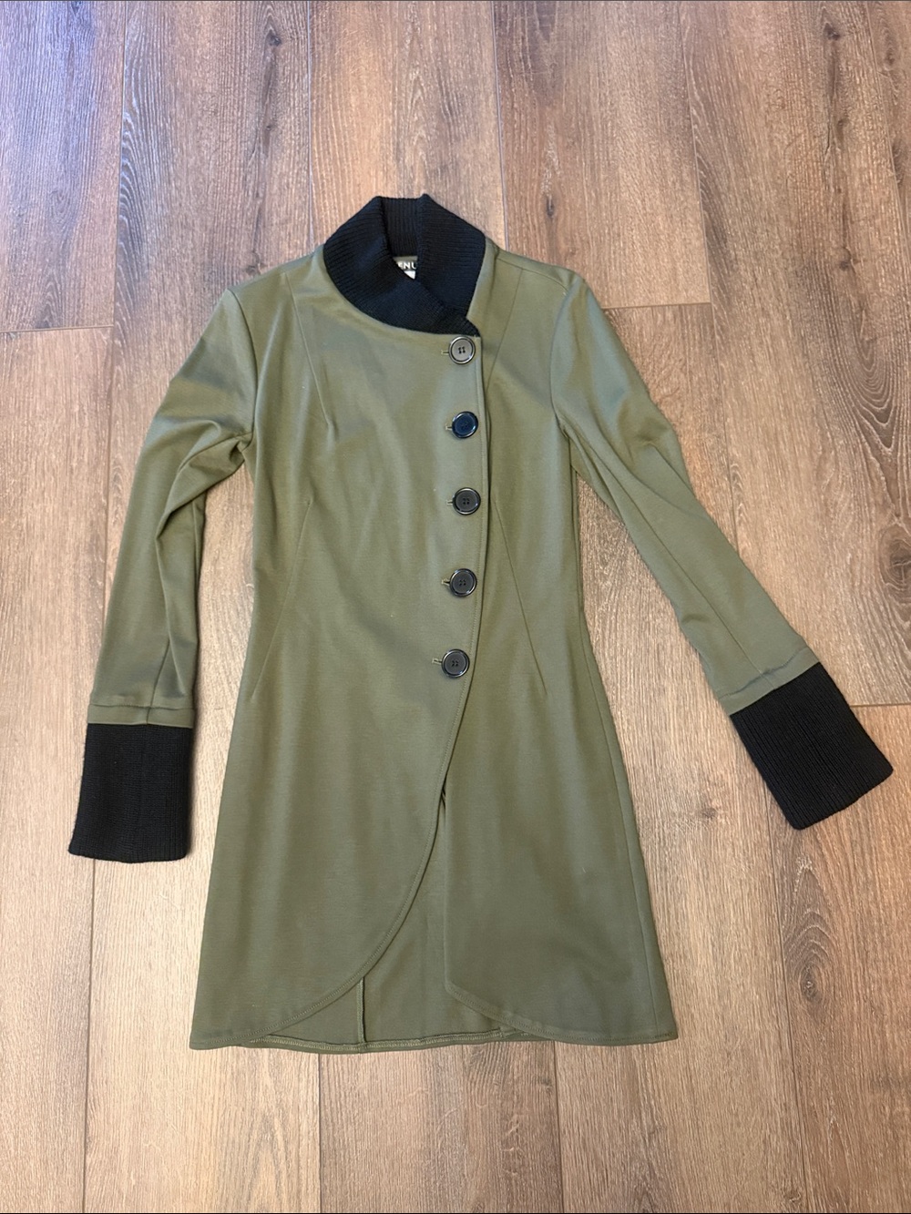 Venus Olive Green Button-Front Dress with Black Trim